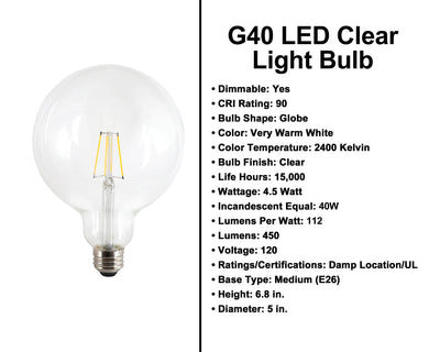 4.5 Watt -  450 Lumens - Clear G40 Globe Light Bulb - 2400 Kelvin