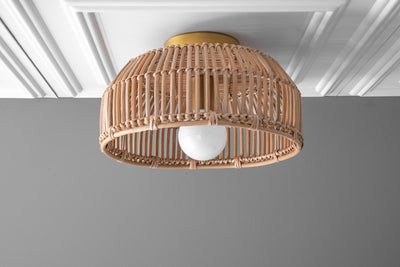 Rattan Basket Light - Bamboo Trap Basket - Natural Fiber Ceiling Light - Unique Lighting - Opal Globe - Boho Model No. 4415
