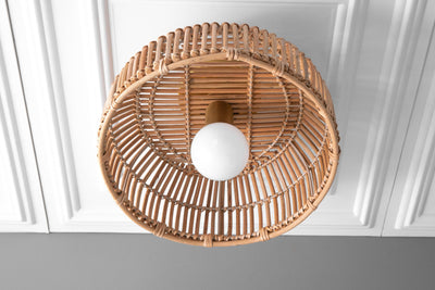 Rattan Basket Light - Bamboo Trap Basket - Natural Fiber Ceiling Light - Unique Lighting - Opal Globe - Boho Model No. 4415