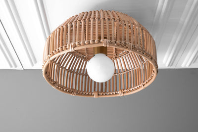 Rattan Basket Light - Bamboo Trap Basket - Natural Fiber Ceiling Light - Unique Lighting - Opal Globe - Boho Model No. 4415