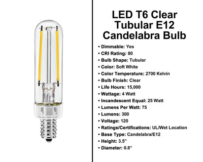 LED T6 Clear E12 Candelabra